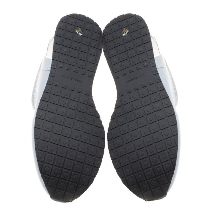 مملوكة مسبقًا Tory Burch Metallic Silver Leather Laney Crystal Embellished Slip On Sneakers Size 36
