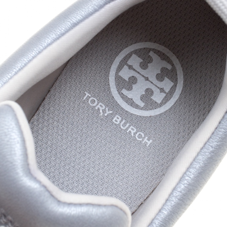 مملوكة مسبقًا Tory Burch Metallic Silver Leather Laney Crystal Embellished Slip On Sneakers Size 36