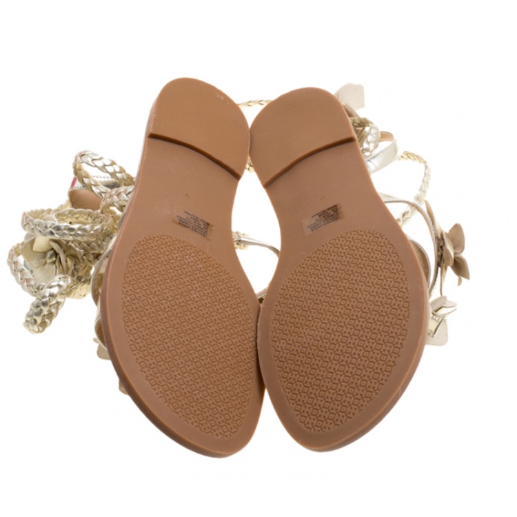 Pre Owned Tory Burch Light Gold Leather Blossom Floral Embellished Gladiator Sandals Size 39