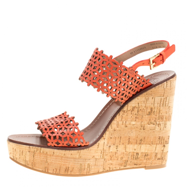 Pre Owned Tory Burch Coral Red Perforated Leather Daisy Cork Wedge Sandals Size 38.5