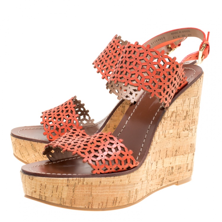 Pre Owned Tory Burch Coral Red Perforated Leather Daisy Cork Wedge Sandals Size 38.5