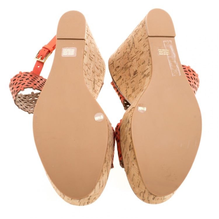 Pre Owned Tory Burch Coral Red Perforated Leather Daisy Cork Wedge Sandals Size 38.5