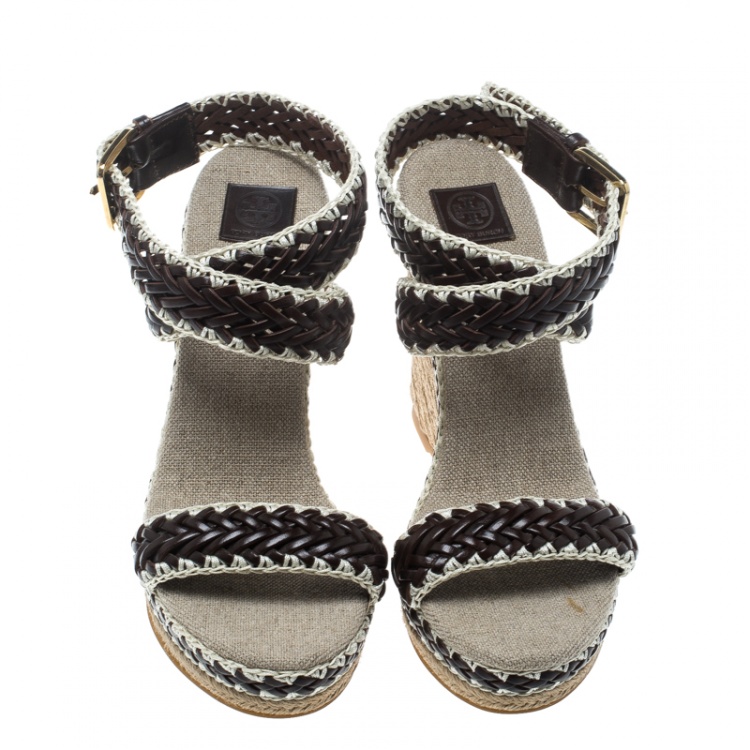Pre Owned Tory Burch Two Tone Woven Leather Paloma Ankle Strap Espadrille Wedge Sandals Size 40