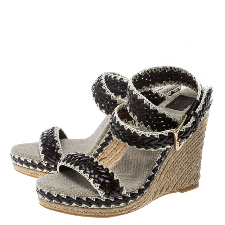 Pre Owned Tory Burch Two Tone Woven Leather Paloma Ankle Strap Espadrille Wedge Sandals Size 40