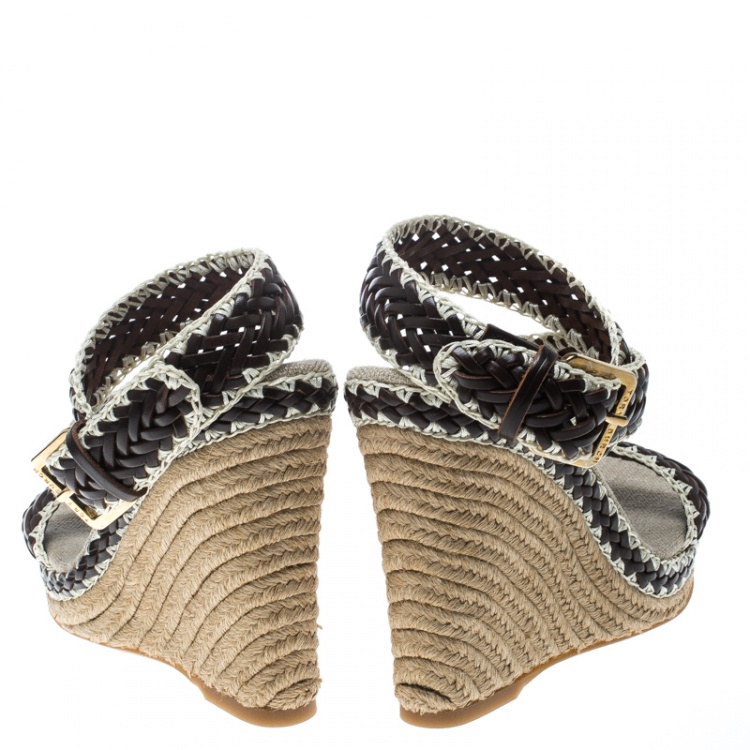 Pre Owned Tory Burch Two Tone Woven Leather Paloma Ankle Strap Espadrille Wedge Sandals Size 40