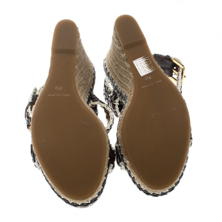 Pre Owned Tory Burch Two Tone Woven Leather Paloma Ankle Strap Espadrille Wedge Sandals Size 40