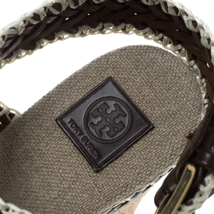 Pre Owned Tory Burch Two Tone Woven Leather Paloma Ankle Strap Espadrille Wedge Sandals Size 40