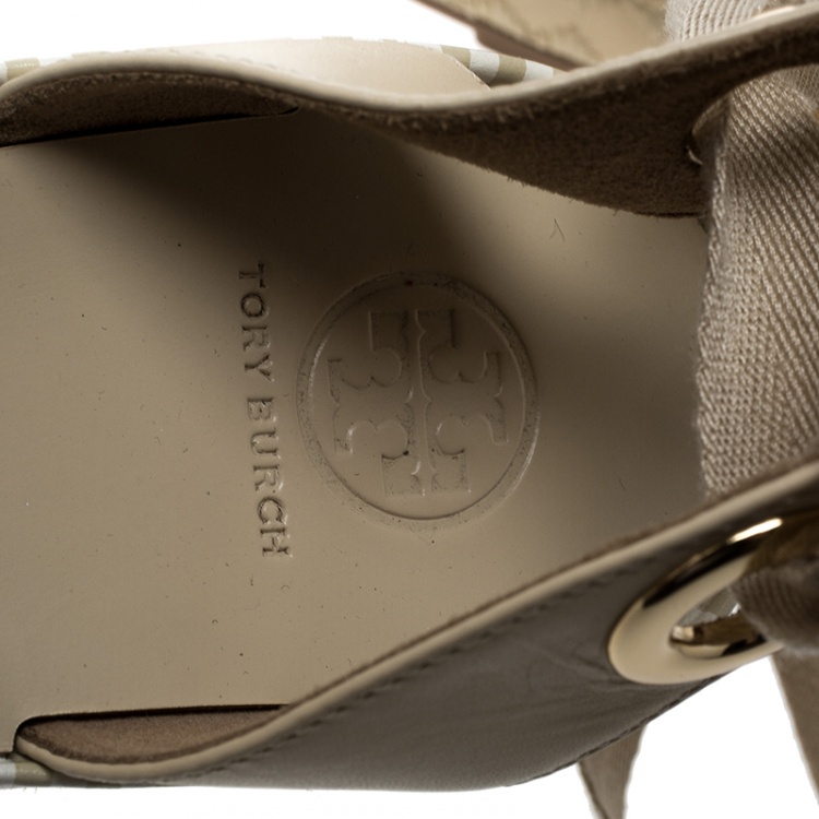 Pre Owned Tory Burch Beige Leather Dandy Ankle Wrap Espadrille Wedge Sandals Size 39.5