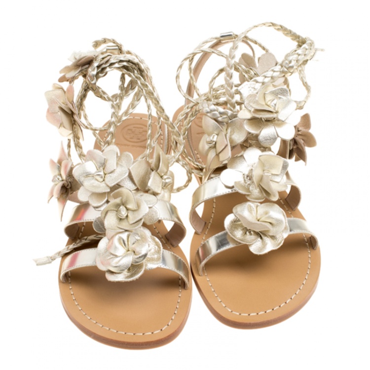 Pre Owned Tory Burch Metallic Gold Leather Blossom Floral Embellished Flat Gladiator Sandals Size 38