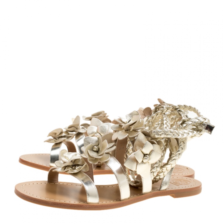 Pre Owned Tory Burch Metallic Gold Leather Blossom Floral Embellished Flat Gladiator Sandals Size 38