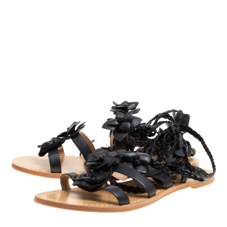 Pre Owned Tory Burch Black Leather Blossom Floral Embellished Flat Gladiator Sandals Size 36.5