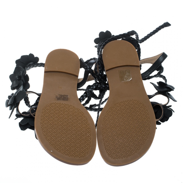 Pre Owned Tory Burch Black Leather Blossom Floral Embellished Flat Gladiator Sandals Size 36.5