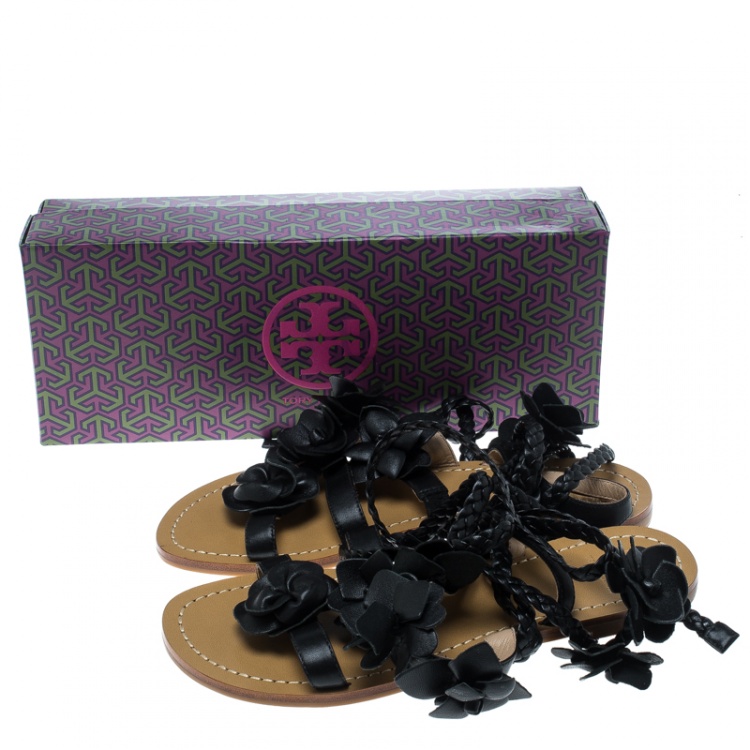 Pre Owned Tory Burch Black Leather Blossom Floral Embellished Flat Gladiator Sandals Size 36.5