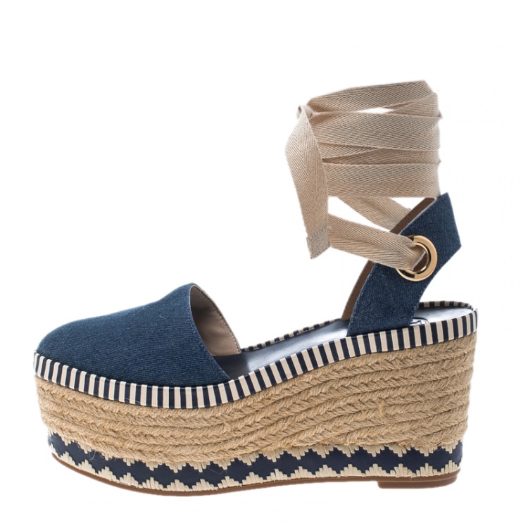 Pre Owned Tory Burch Blue Denim Dandy Ankle Wrap Espadrille Wedge Sandals Size 36.5