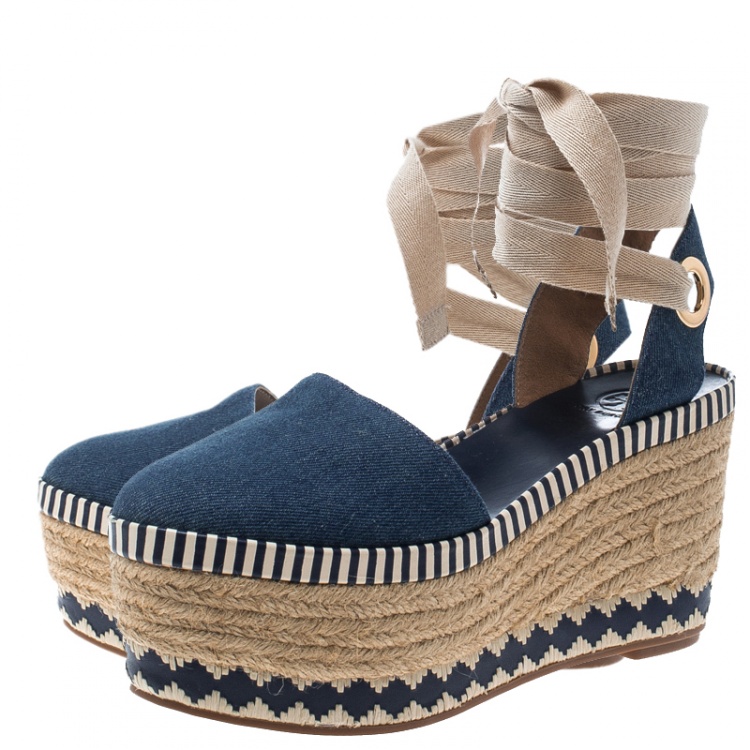 Pre Owned Tory Burch Blue Denim Dandy Ankle Wrap Espadrille Wedge Sandals Size 36.5