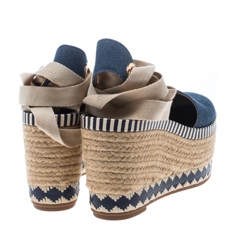 Pre Owned Tory Burch Blue Denim Dandy Ankle Wrap Espadrille Wedge Sandals Size 36.5