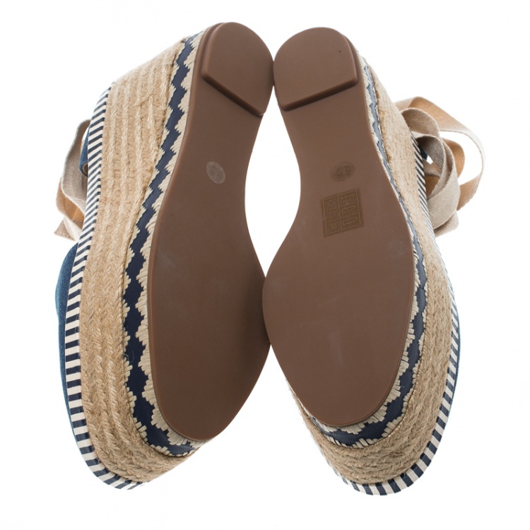Pre Owned Tory Burch Blue Denim Dandy Ankle Wrap Espadrille Wedge Sandals Size 36.5