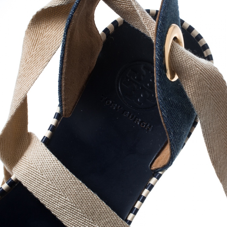 Pre Owned Tory Burch Blue Denim Dandy Ankle Wrap Espadrille Wedge Sandals Size 36.5