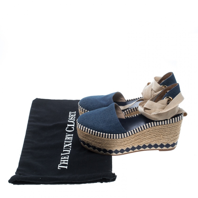 Pre Owned Tory Burch Blue Denim Dandy Ankle Wrap Espadrille Wedge Sandals Size 36.5
