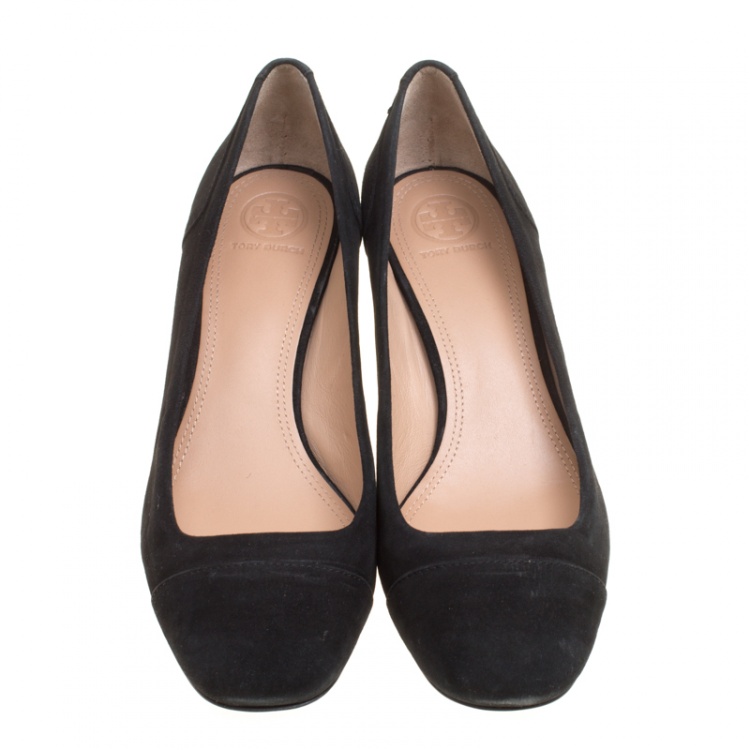 Pre Owned Tory Burch Black Suede Evelyn Block Heel Pumps Size 37