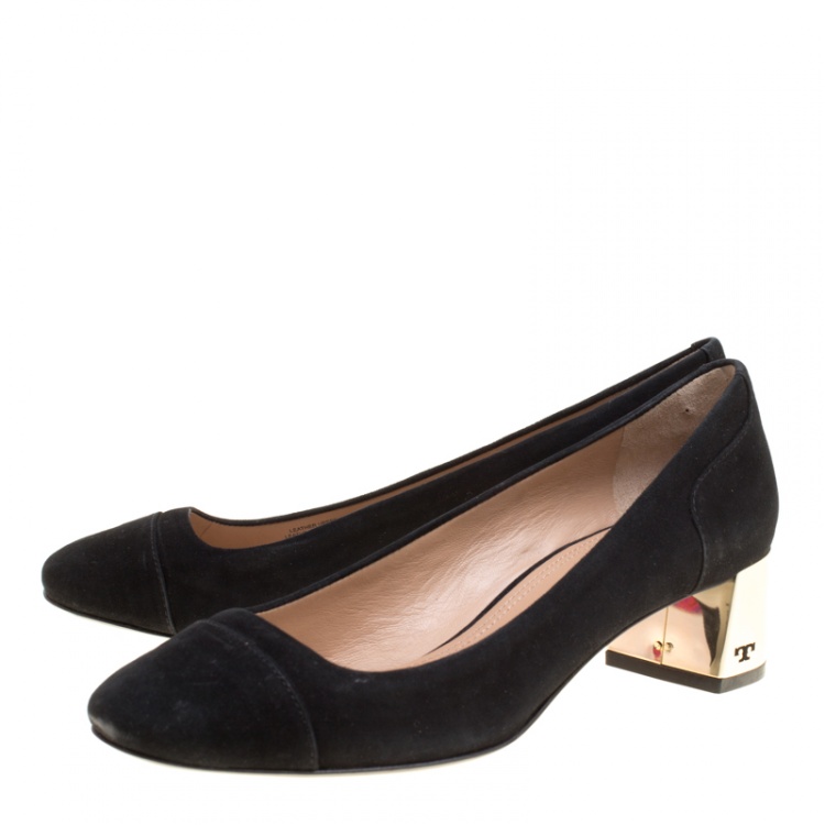 Pre Owned Tory Burch Black Suede Evelyn Block Heel Pumps Size 37
