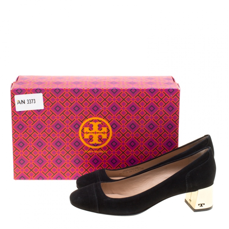 Pre Owned Tory Burch Black Suede Evelyn Block Heel Pumps Size 37