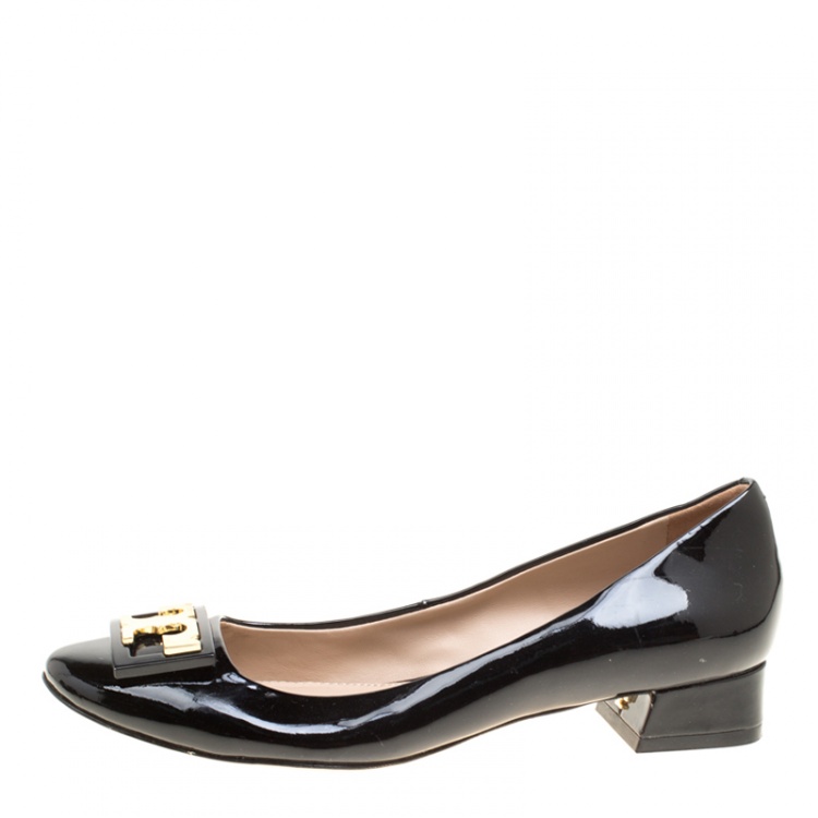 Pre Owned Tory Burch Black Patent Leather Gigi Block Heel Pumps Size 35.5