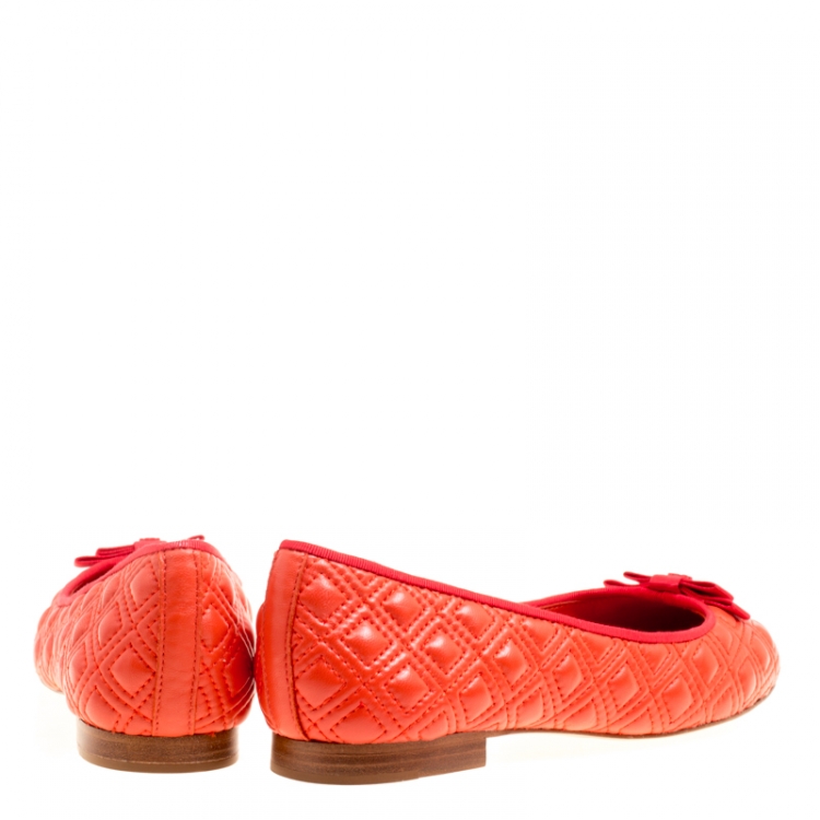 Pre Owned Tory Burch Orange Quilted Leather Ballet Flats Size 37