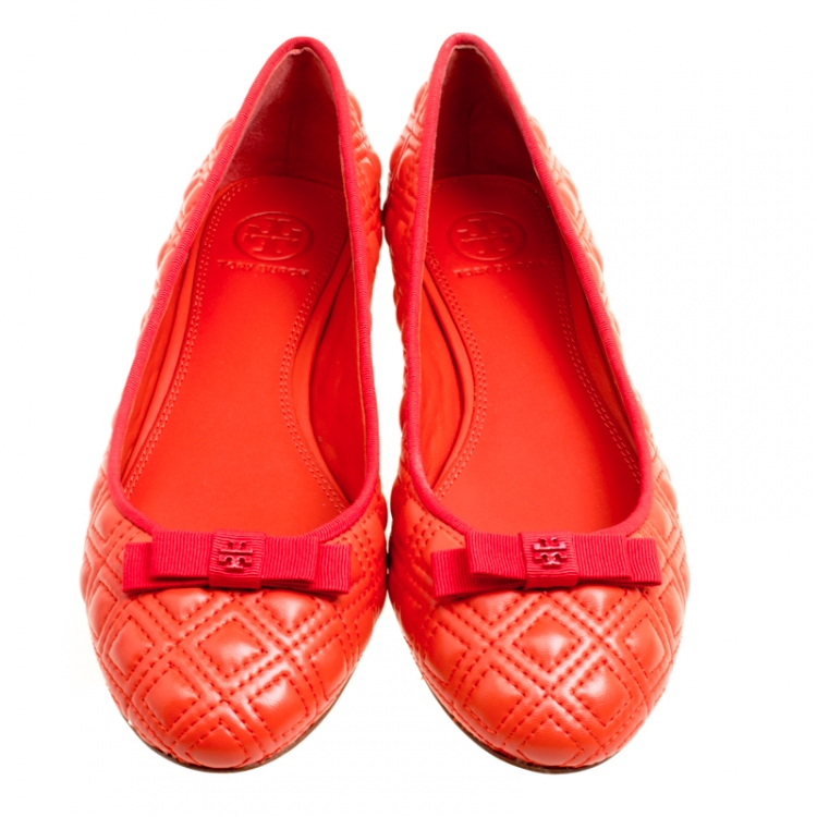 Pre Owned Tory Burch Orange Quilted Leather Ballet Flats Size 37