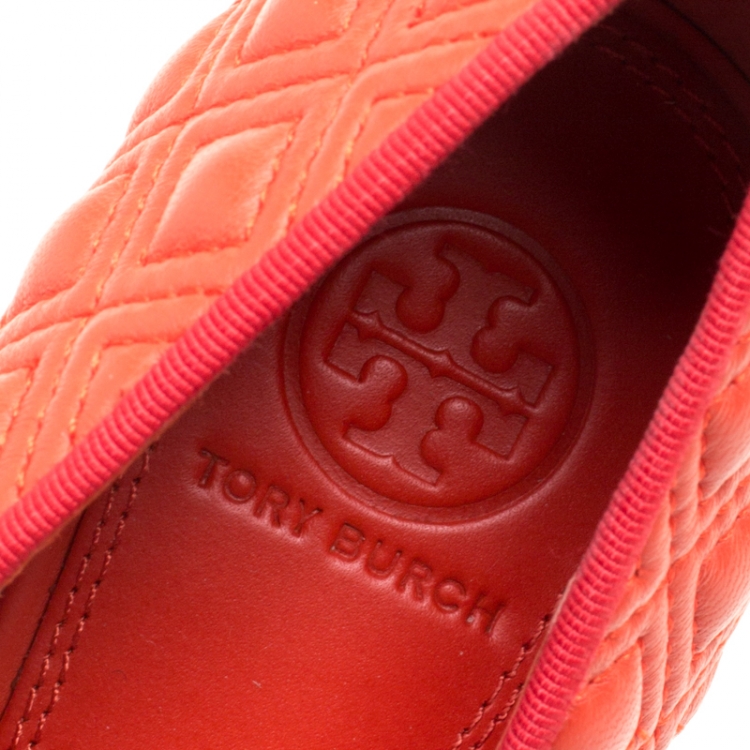Pre Owned Tory Burch Orange Quilted Leather Ballet Flats Size 37