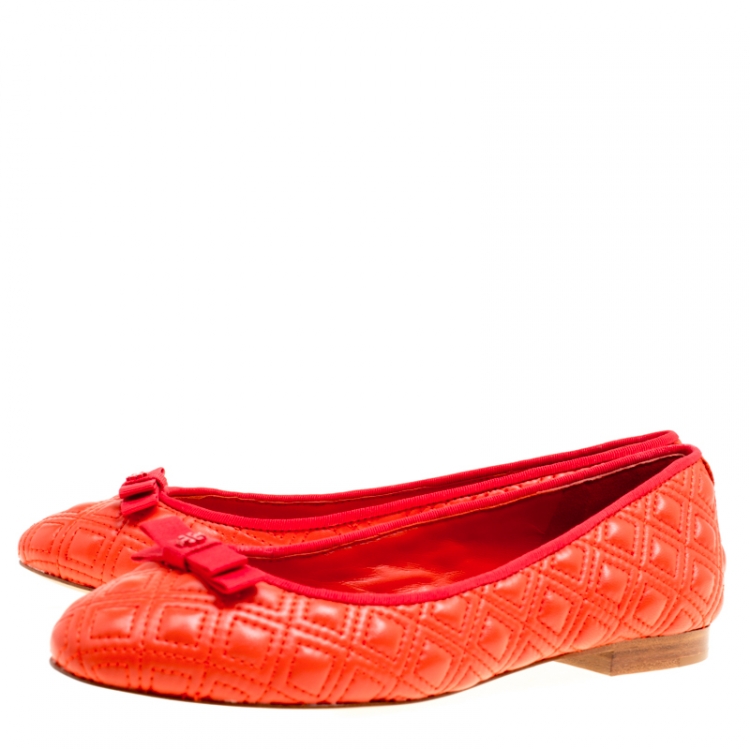 Pre Owned Tory Burch Orange Quilted Leather Ballet Flats Size 37