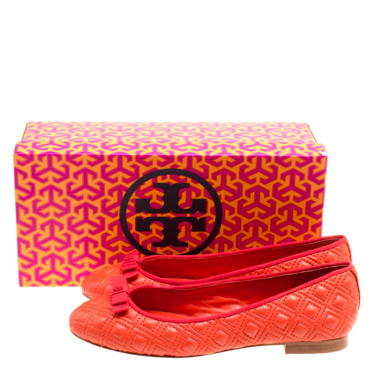 Pre Owned Tory Burch Orange Quilted Leather Ballet Flats Size 37