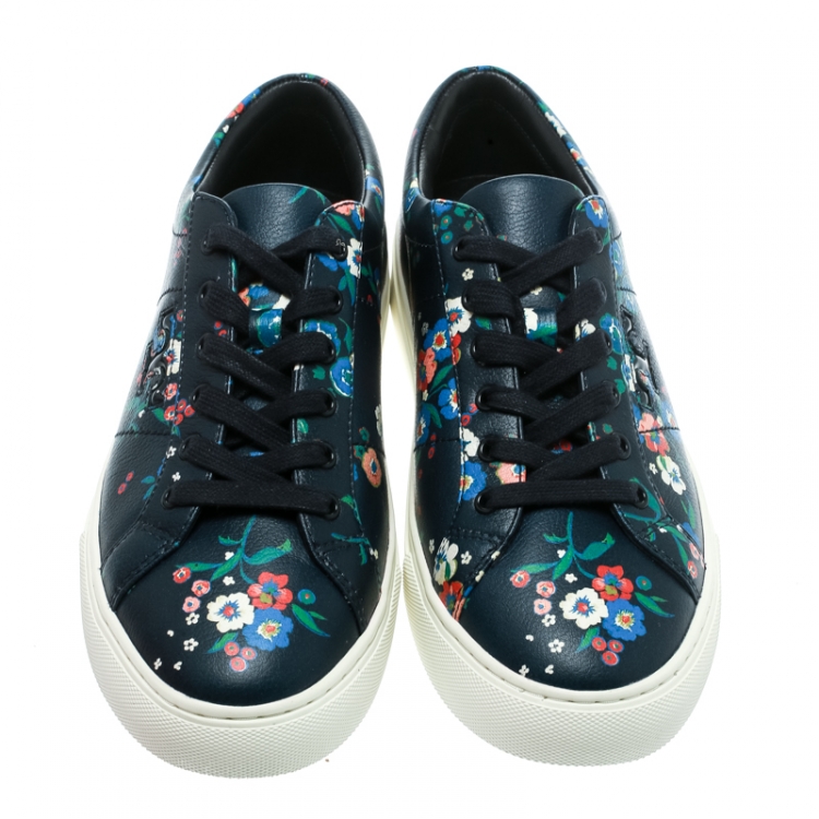 Pre Owned Tory Burch Floral Printed Leather Amalia Low Top Sneakers Size 39