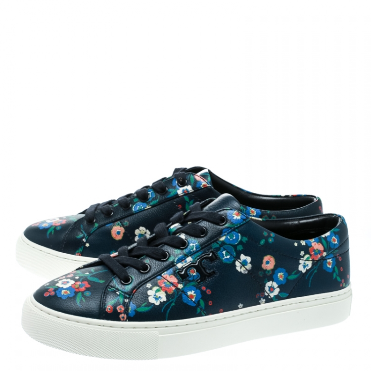 Pre Owned Tory Burch Floral Printed Leather Amalia Low Top Sneakers Size 39