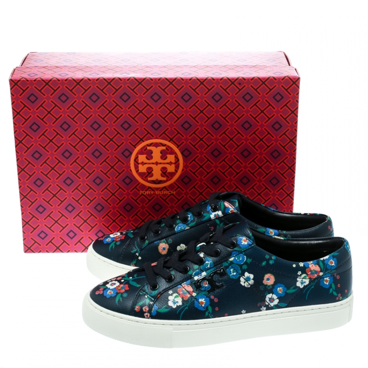 Pre Owned Tory Burch Floral Printed Leather Amalia Low Top Sneakers Size 39