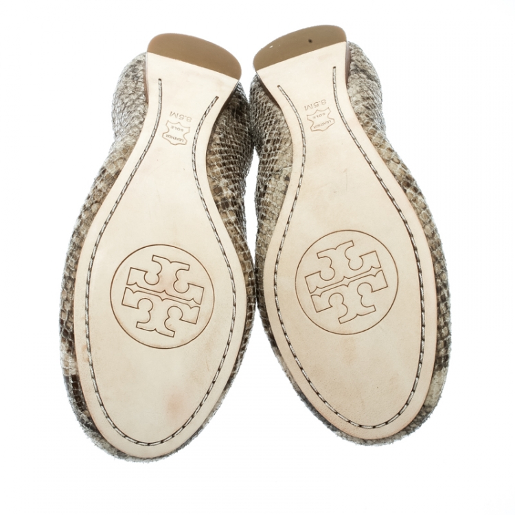 Pre Owned Tory Burch Green/Grey Embossed Snakeskin Leather Caroline Ballet Flats Size 38.5