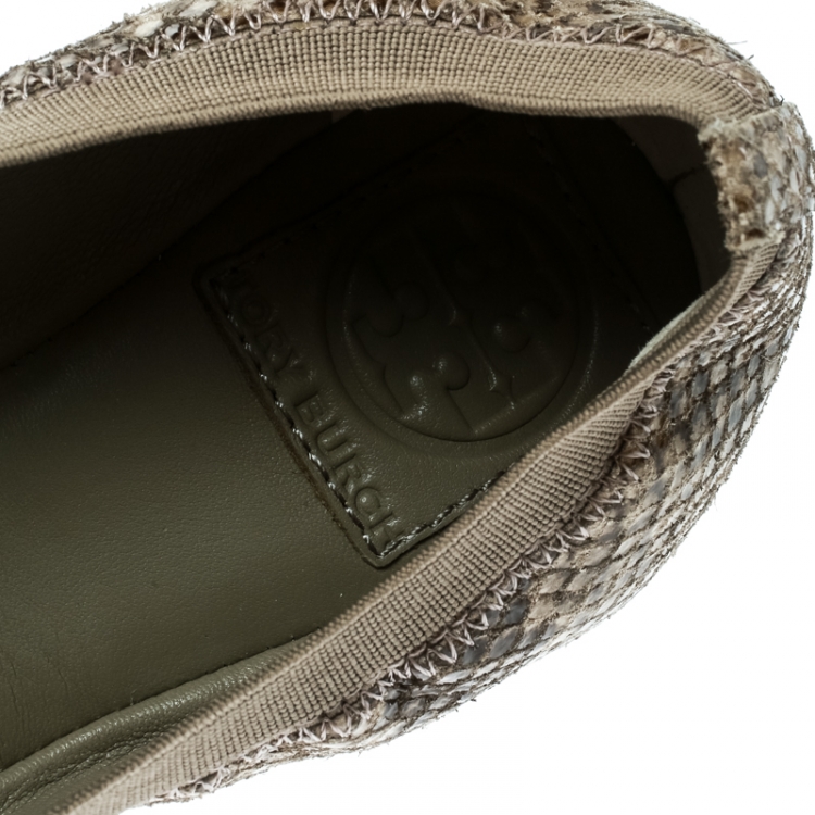 Pre Owned Tory Burch Green/Grey Embossed Snakeskin Leather Caroline Ballet Flats Size 38.5