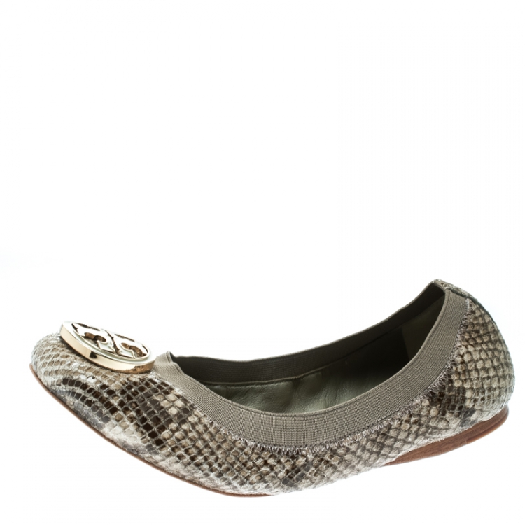 Tory Burch Green/Grey Embossed Snakeskin Leather Caroline Ballet Flats Size   Tory Burch | TLC