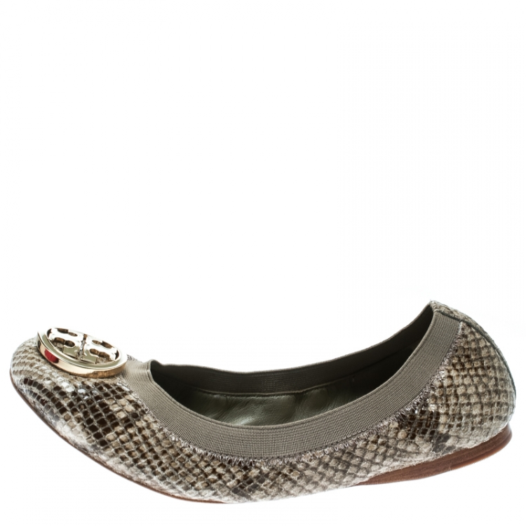 Pre Owned Tory Burch Green/Grey Embossed Snakeskin Leather Caroline Ballet Flats Size 38.5