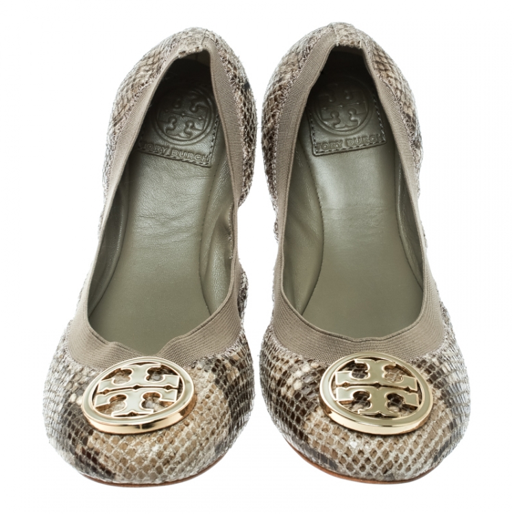 Pre Owned Tory Burch Green/Grey Embossed Snakeskin Leather Caroline Ballet Flats Size 38.5