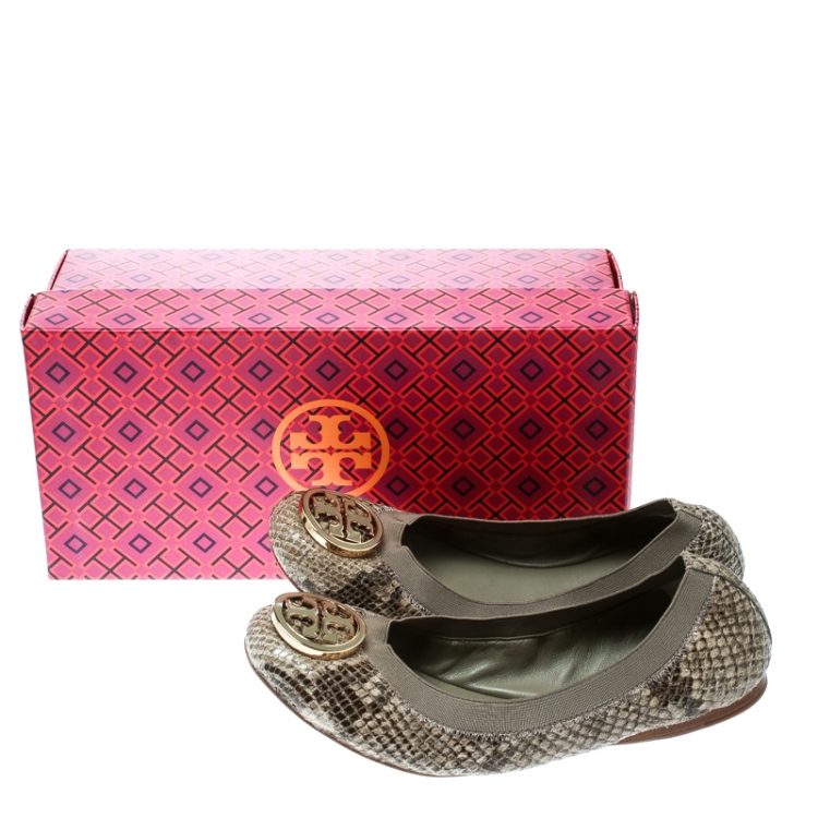 Pre Owned Tory Burch Green/Grey Embossed Snakeskin Leather Caroline Ballet Flats Size 38.5
