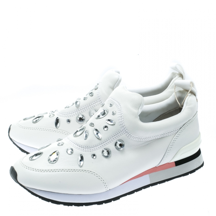 Pre Owned Tory Burch White Leather Laney Crystal Embellished Slip On Sneakers Size 38