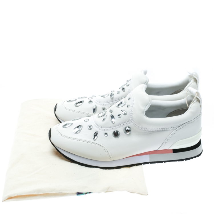 Pre Owned Tory Burch White Leather Laney Crystal Embellished Slip On Sneakers Size 38