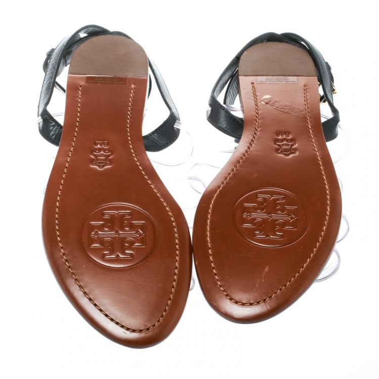 Pre Owned Tory Burch Black Leather and PVC Kira Bow Detail Flat Sandals Size 38