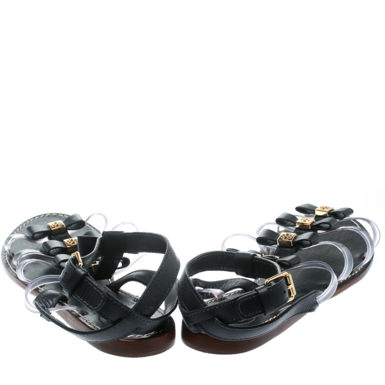Pre Owned Tory Burch Black Leather and PVC Kira Bow Detail Flat Sandals Size 38