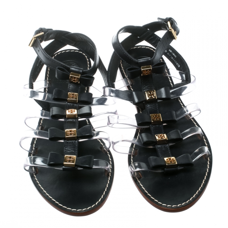 Pre Owned Tory Burch Black Leather and PVC Kira Bow Detail Flat Sandals Size 38