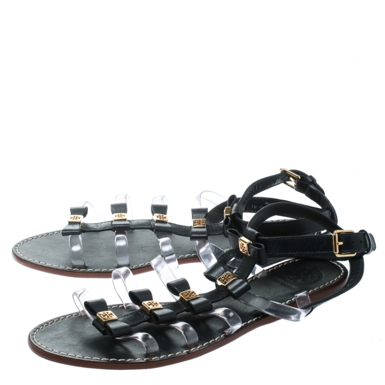 Pre Owned Tory Burch Black Leather and PVC Kira Bow Detail Flat Sandals Size 38