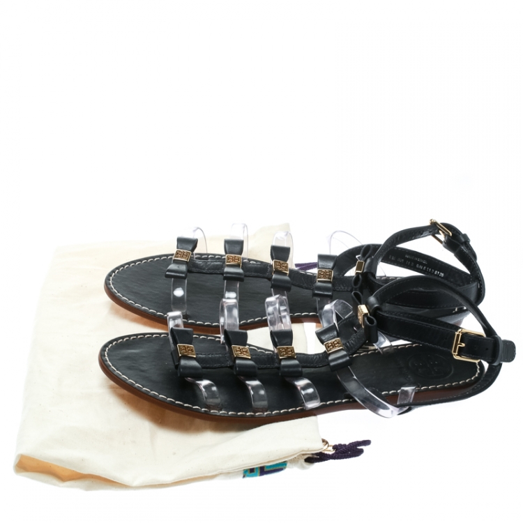 Pre Owned Tory Burch Black Leather and PVC Kira Bow Detail Flat Sandals Size 38