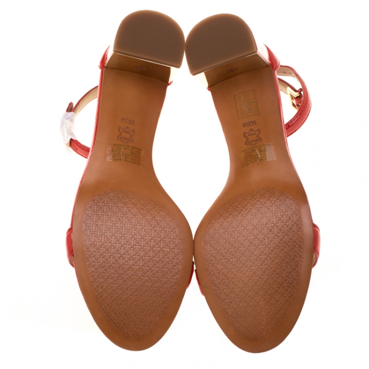 مملوكة مسبقًا Tory Burch Red Patent Leather Cecile Block Heel Ankle Strap Sandals Size 40