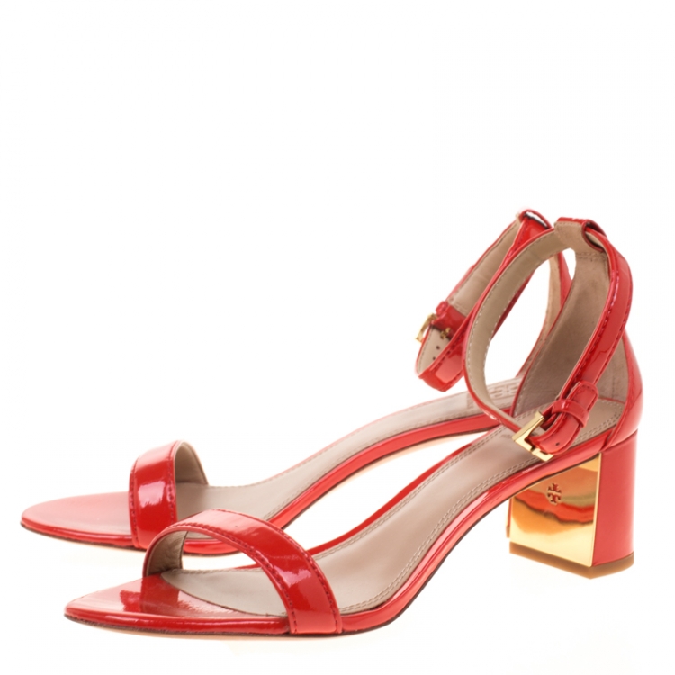 مملوكة مسبقًا Tory Burch Red Patent Leather Cecile Block Heel Ankle Strap Sandals Size 40